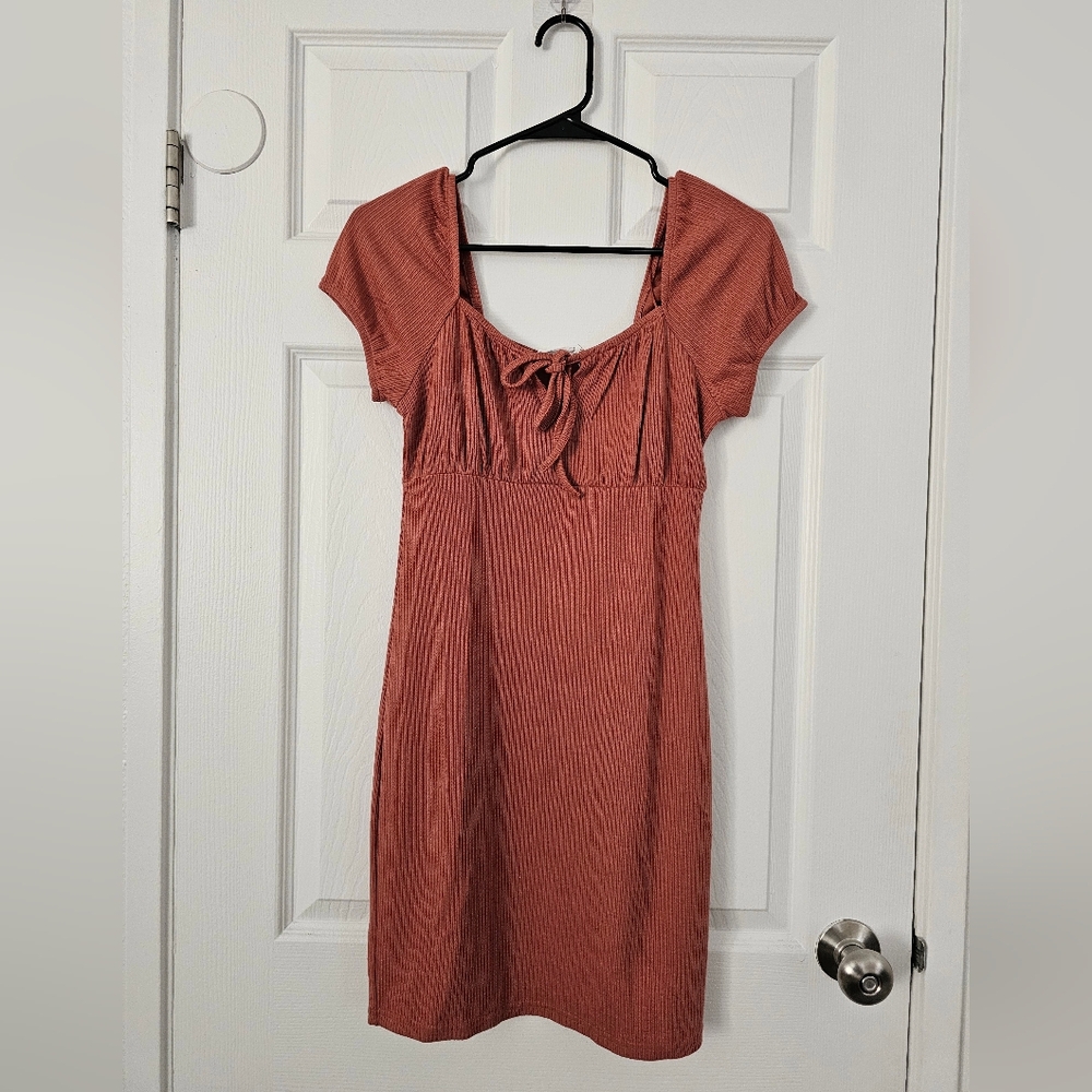 Cotton:On Rust Ribbed Tie-Front Short Sleeve Dress